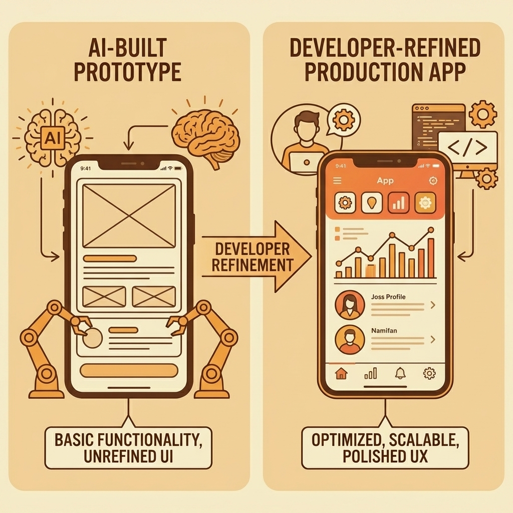 Comparison showing AI-built prototype on left versus developer-refined production app on right